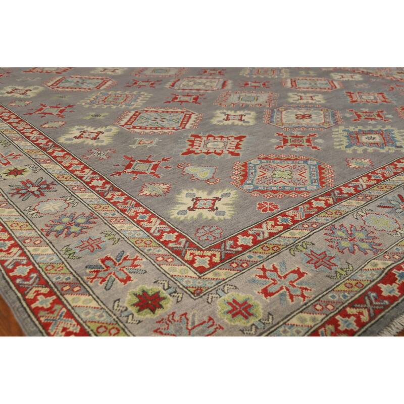 Hand Knotted Oriental 100% Wool Carpet Traditional Geometric Greys & Charcoal Kazak Area Rug - 9' 10'' X 8' 2''