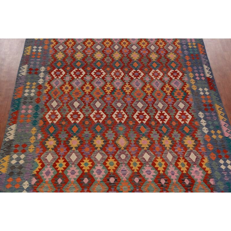 Geometric Kilim Oriental Large Rug Flatweave Dining Room Wool Carpet - 9'10"x 16'1"