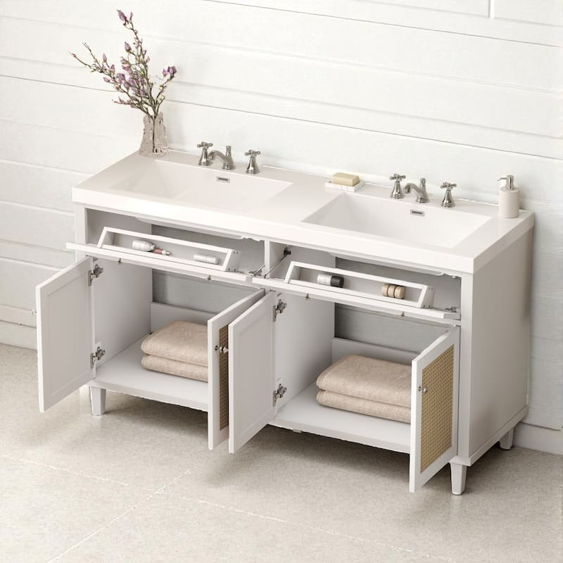 60" Double Sink Bathroom Vanity with SMC Integrated Top, Soft Close Doors, Tip-Out Trays and Rattan Front Cabinets