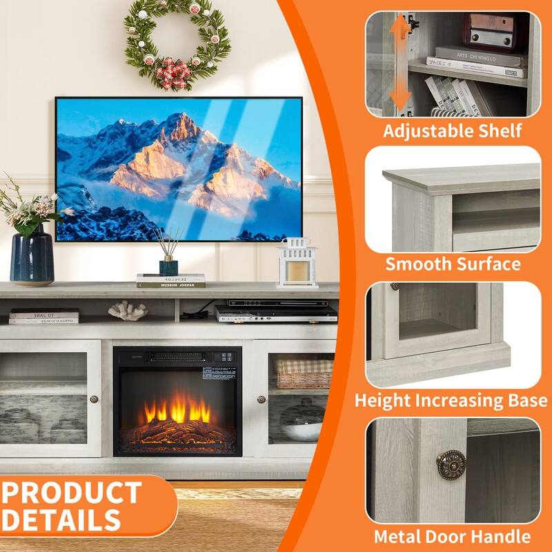 58/60" Contemporary/Classic Fireplace TV Stand for 65" TVs w/ 18" Insert Open/Glass-Door Storage Stone Gray/Driftwood