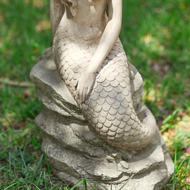 Glitzhome 20"H MGO Concrete Mermaid On Rocks Coastal Sculpture Poolside Garden Statue