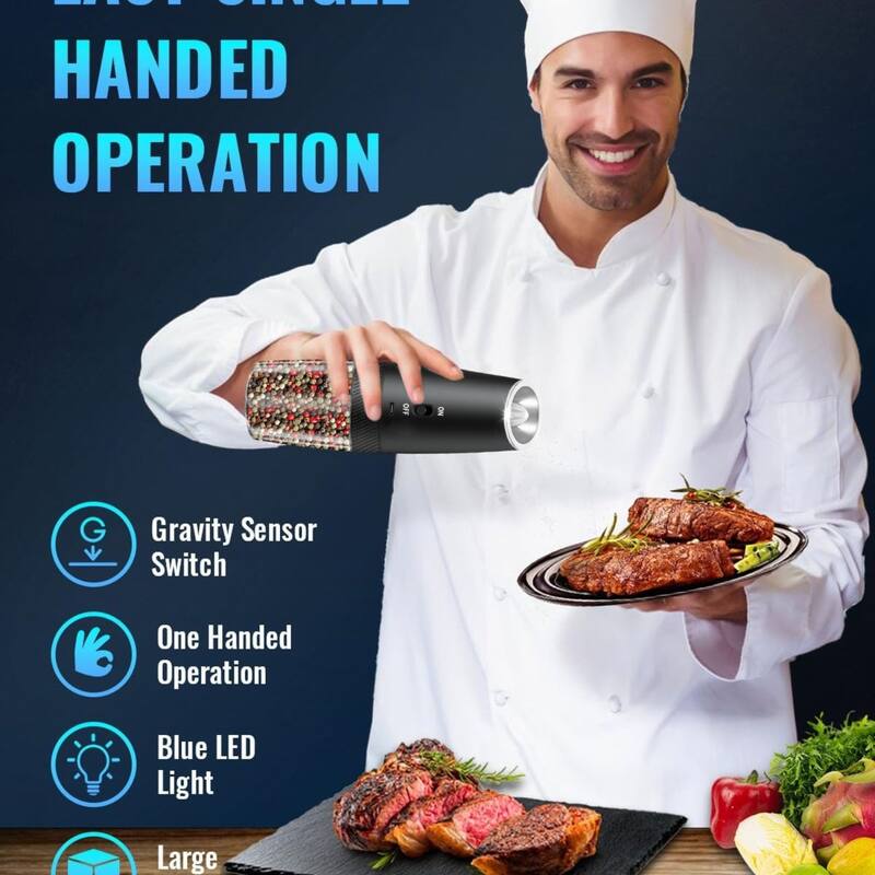 Gravity Electric Salt and Pepper Grinder Adjustable Coarseness USB Rechargeable One-Hand Operation - N/A