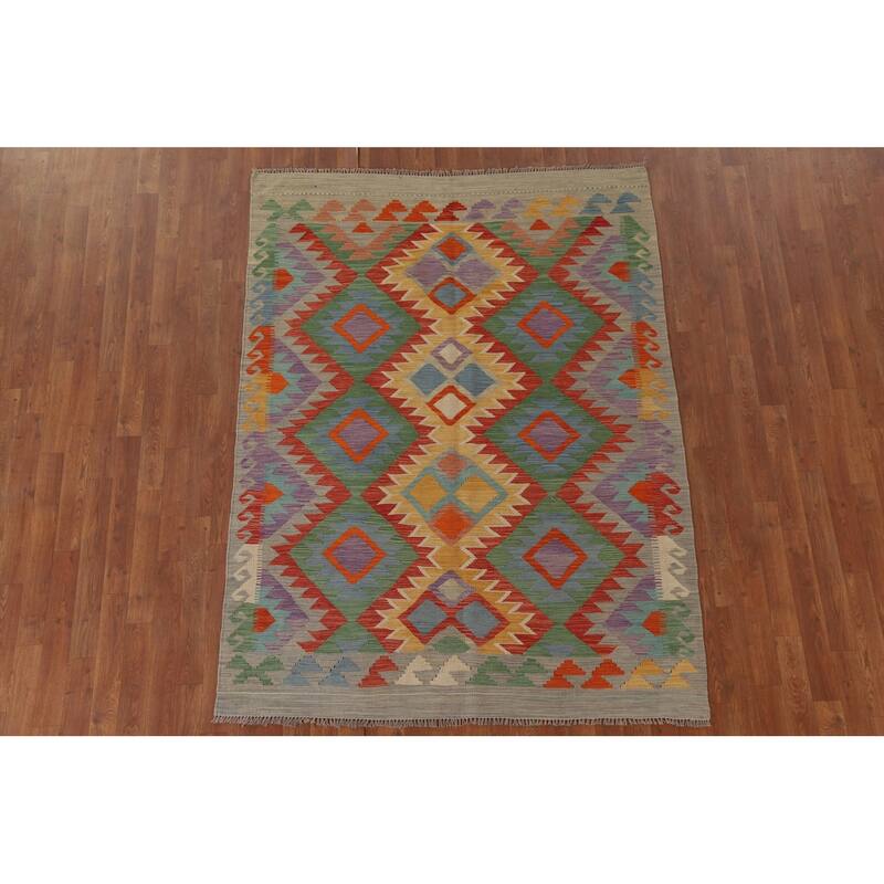 Hand Woven Oriental 100% Wool Carpet Southwestern Geometric Multi-Colored Kilim Area Rug - 6' 8'' X 5' 0''