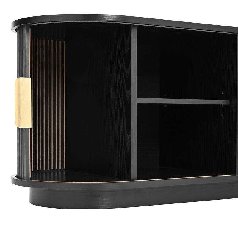 Farmhouse TV Stand with Sliding Tambour Door for 75-Inch TVs, Fluted Media Console with Adjustable Shelves and Golden Handles