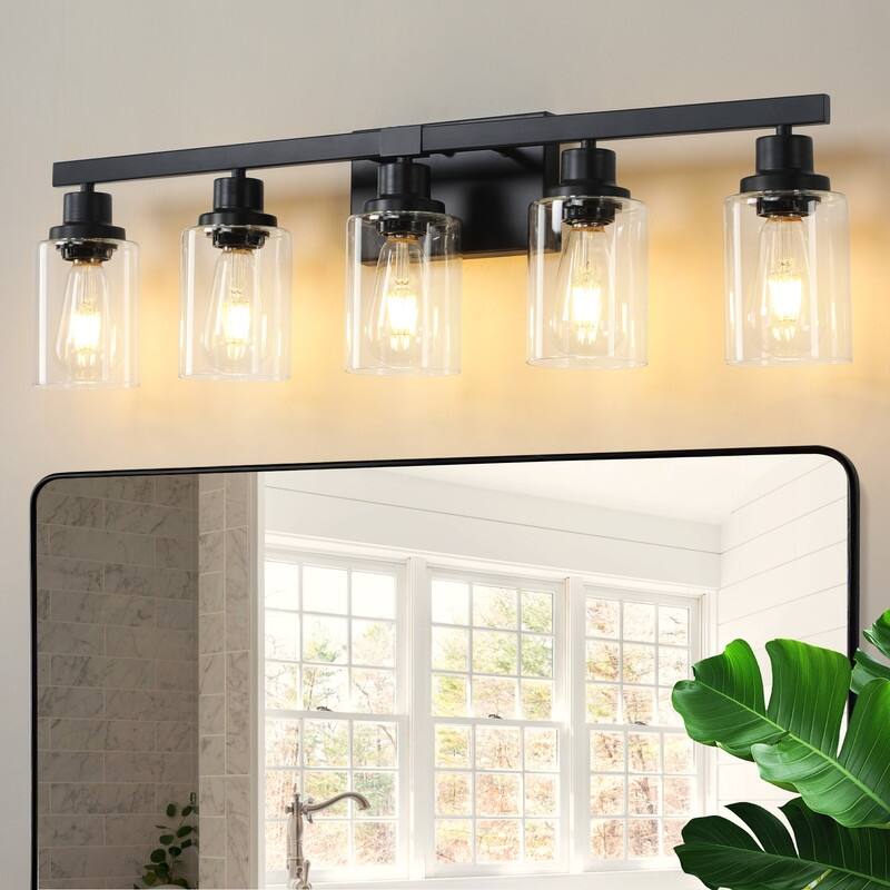 Bathroom Vanity Light With Clear Glass Shades For Vanity Mirror, Bathroom, Or Hallway - 5-Lights - Blcak