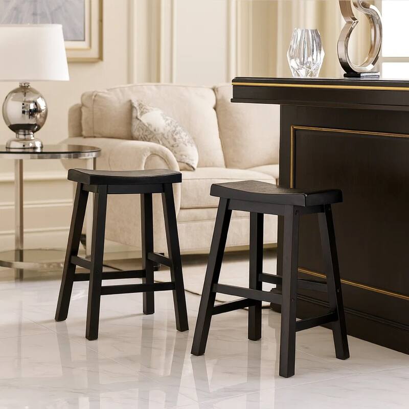 Wooden 24" Counter Height Stool with Saddle Seat, Black, Set of 2