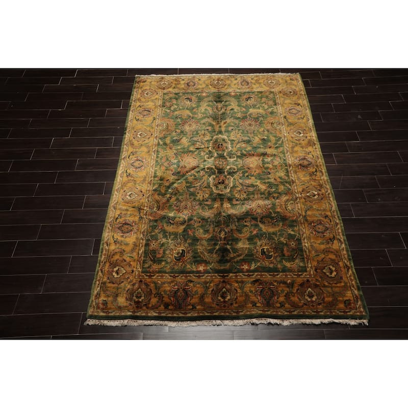 6'3''x9'3'' Hand Knotted Wool Green Plush Pile Traditional Botanical Agra Gold Wash Silky Sheen Rug - 6' 3'' x 9' 3''