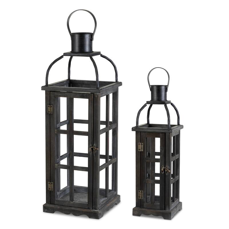 Glitzhome Farmhouse Wooden Metal Cage Candle Holders Patio Hanging Vintage Lanterns (Set of 2)