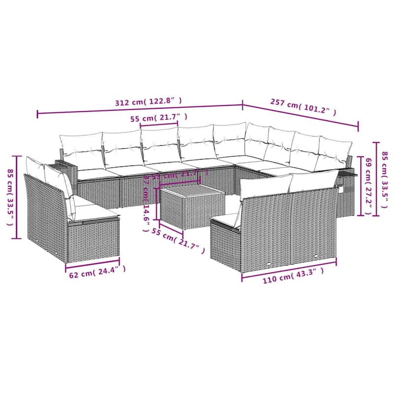 vidaXL 13 Piece Patio Sofa Set with Cushions Black Poly Rattan - 24.4 x 24.4 x 27.2