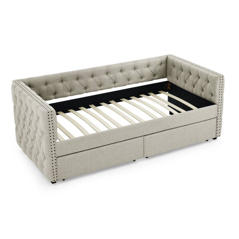 Tufted Daybed Upholstered Frame Sofa Bed with Button Copper Nail on Square Arms, and Pull-out Trundle Bed or Storage Drawers