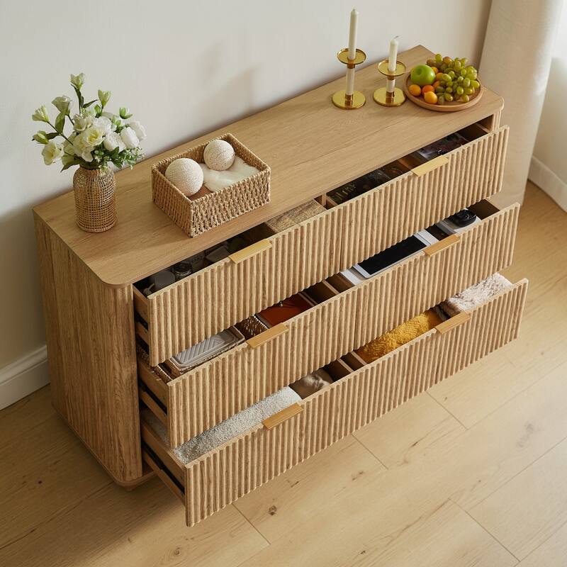 Modern 6 Drawer Dresser with Wave Front Design, Wide Storage Chest and TV Stand, 55" Wooden Organizer Cabinet