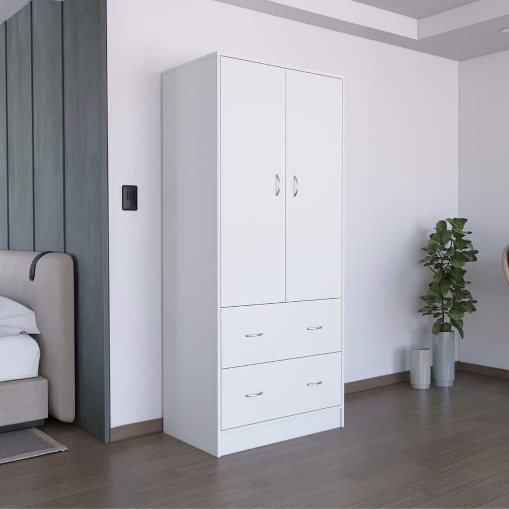 19" Modern Double-door Armoire with Two Drawers and Hanging Rod for Bedroom