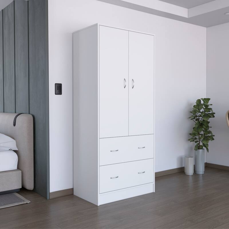 30.9" Modern Armoire with Double Doors, 2 Drawers and Hanging Rod for Bedroom