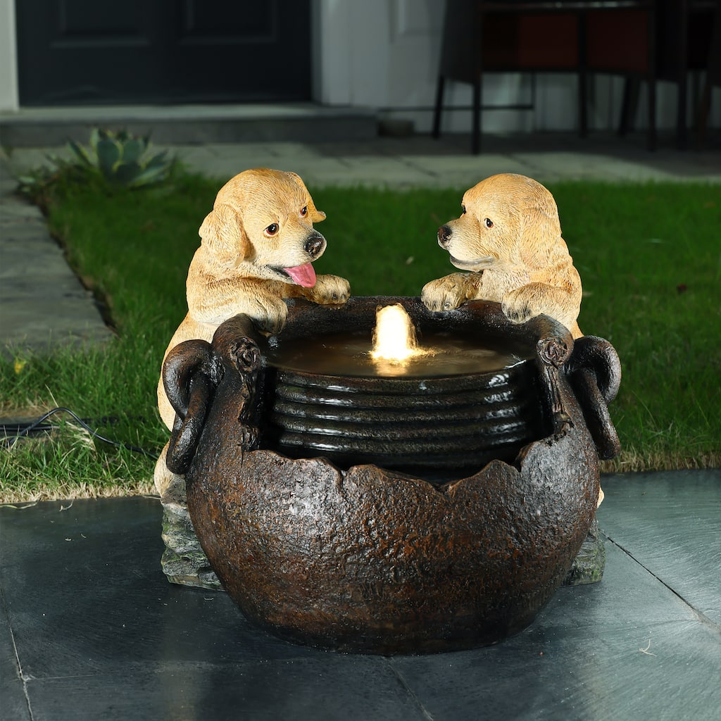 Puppy Love Farmhouse Resin Outdoor Fountain with Lights