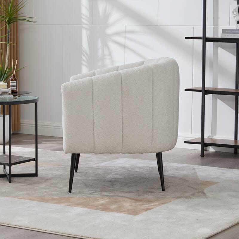 Chenille Upholstered Barrel Accent Chair, Channel Tufted Lounge Armchair, Round Reading Chair with Curved Backrest & Metal Legs