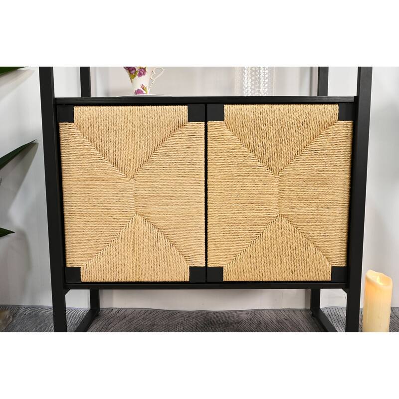 Rattan Cabinet Door Storage Bookshelf, Dual-Function Open Display Shelf with Closed Cabinet for Living Room,Entryway,Bedroom