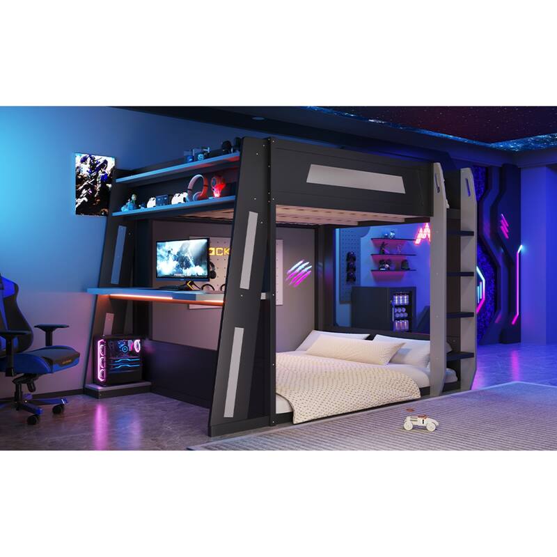 Roomfitters Queen Over Queen Gaming Bunk Bed with Desk, Storage Shelves and LED