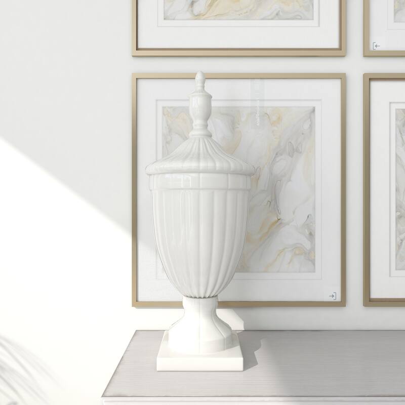 White Ceramic Tall Fluted Urn Living Room Decorative Jars with Grooves and Lid