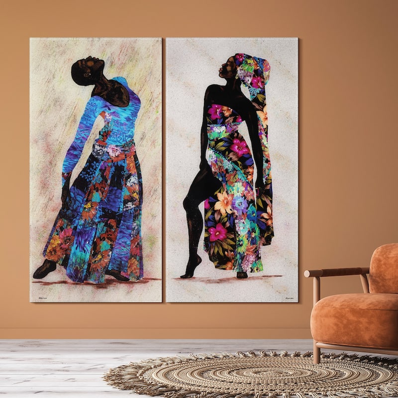 "Her Beauty I & II" Oversized 72"x 36" Frameless Free-Floating Reverse Printed Tempered Art Glass Panels Set