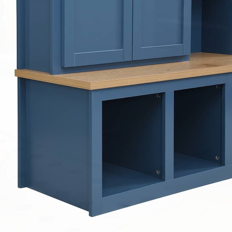 Farmhouse 4-in-1 Hall Tree with 6 Hanging Hooks, Mudroom Wood Grain Bench with Open Compartments