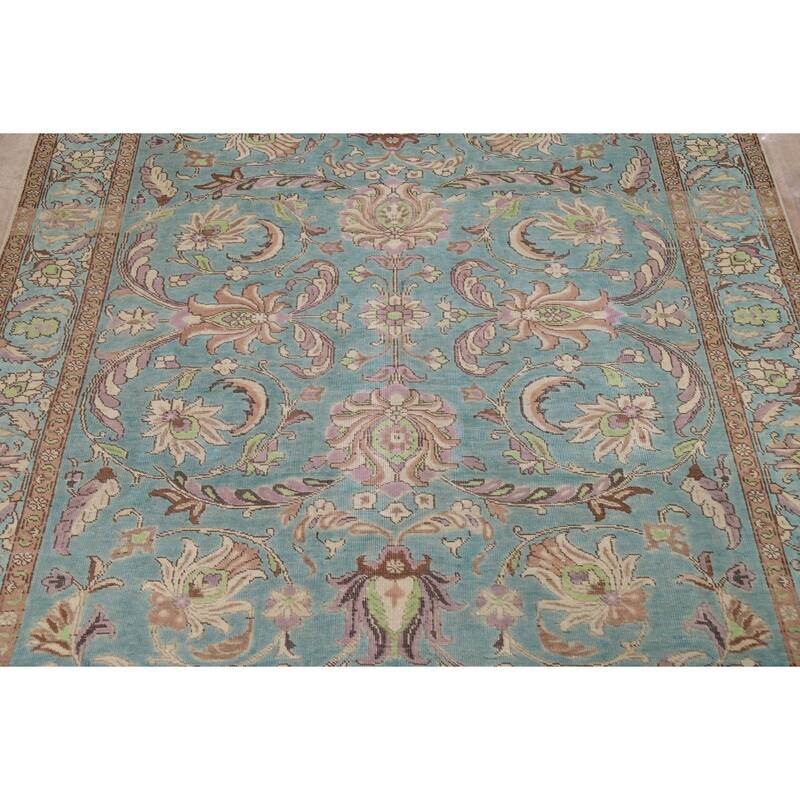 All-Over Blue Floral Tabriz Persian Area Rug Hand-Knotted Wool Carpet - 6'9"x 9'8"