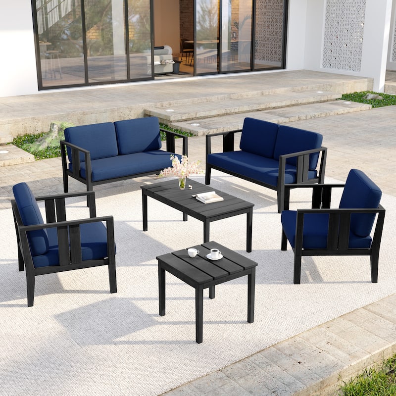Casual 6-Piece Outdoor Patio Furniture Set In Solid Teak Wood - Dark Wood - Navy