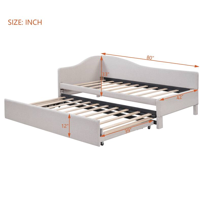 Twin Size L-Shaped Upholstered Daybed with Pop-Up Trundle, Beige