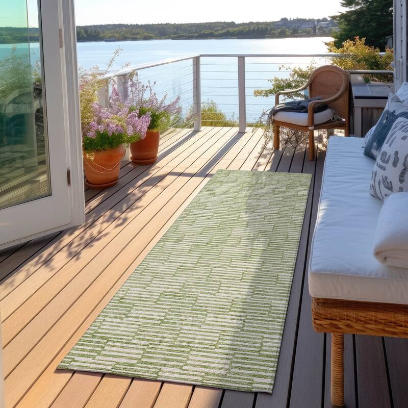 Machine Washable Indoor/ Outdoor Chantille Stripe Blocks Rug - Green - 2'3" x 7'6"
