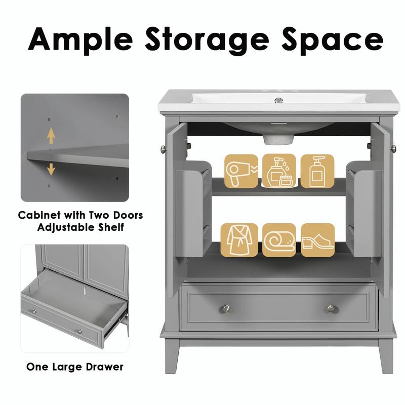30" Bathroom Vanity Base Cabinet with Doors and Drawer