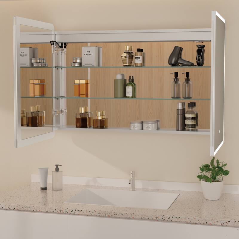 Rounded Edge LED Medicine Cabinet with Mirror, Dimmable, Anti-fog, Adjustable Shelves, Recessed or Wall Mount, ETL Certified