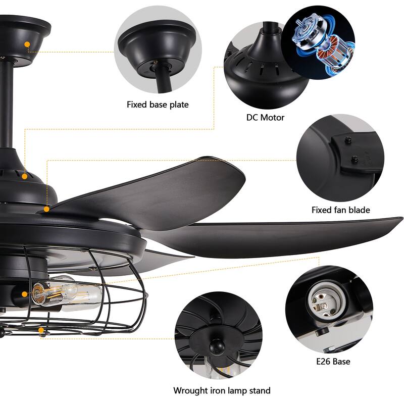 52" Modern Ceiling Fan with Light, 6 Fan Blades and Industrial Cage Design, Adjustable Speed for Living Room, Bedroom - Black