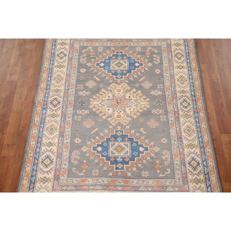 Geometric Kazak Oriental Area Rug Hand-Knotted Wool Carpet - 4'1"x 6'0"