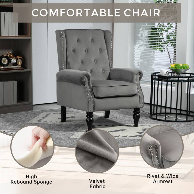 Tufted High Back Chair Living Room Wood Frame Armchair