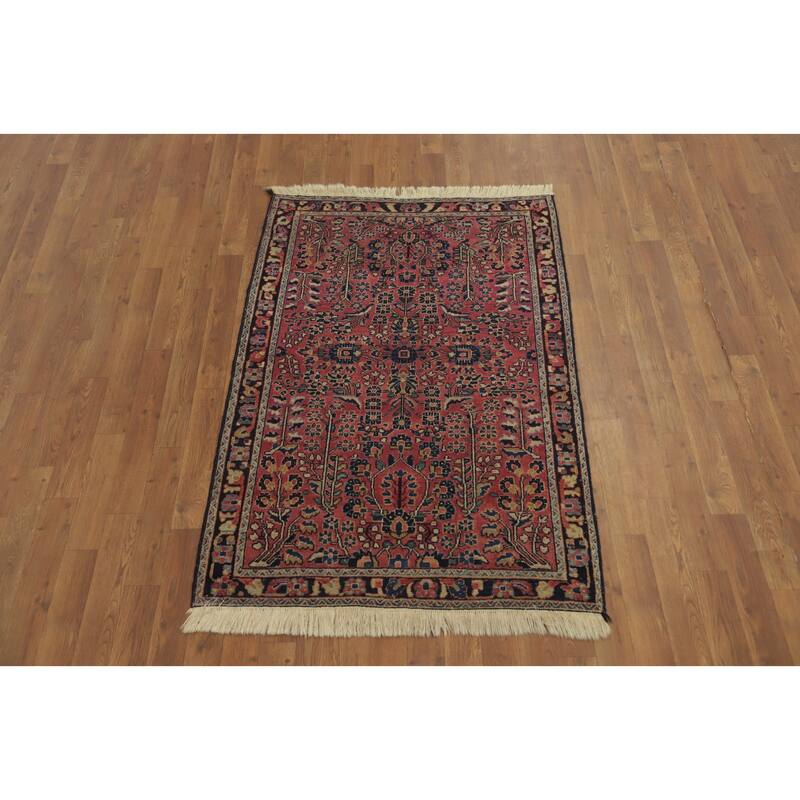 Hand Knotted Oriental 100% Wool Carpet Traditional Floral Pink Sarouk Area Rug - 4' 10'' X 3' 3''