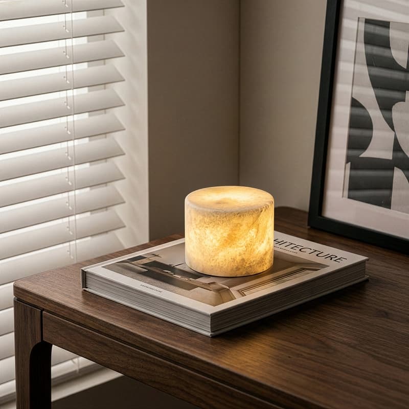 Brightech Rhea 2.3 in. LED Marbled Natural White Alabaster Stone Modern Industrial Battery Powered Bedside Nightstand Desk Lamp