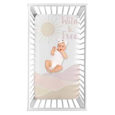 Boho Desert Sun Collection Girl Photo Op Fitted Crib Sheet - Pink Gold Taupe Bohemian Mountains Southwest Nature Wild and Free