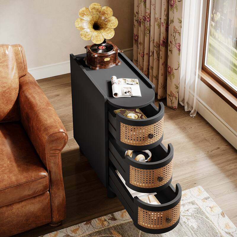 Solid Wood End Side Table 3-Drawer Rattan Bedside Table Nightstand