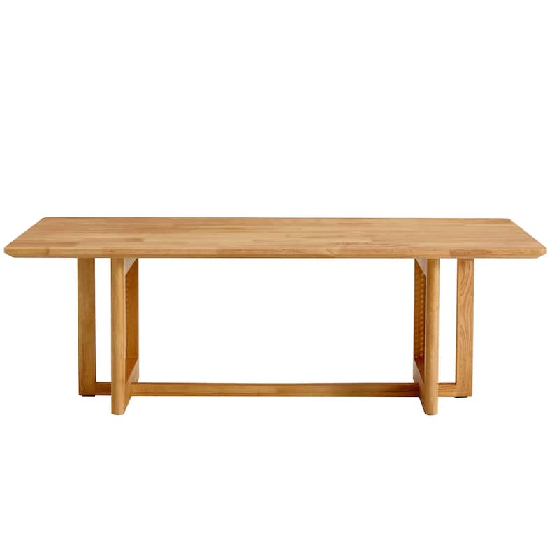Roomfitters Rectangular Solid Wood Tea Table with Rattan Accents, Chinese Style Log-Inspired Coffee Table for Small Spaces