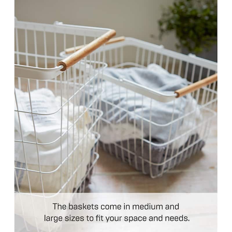 Yamazaki Home Wire Basket - Two Sizes, Steel and Wood, Large, 8.7 gallons, 33 liters, Holds 8.8 lbs - Large