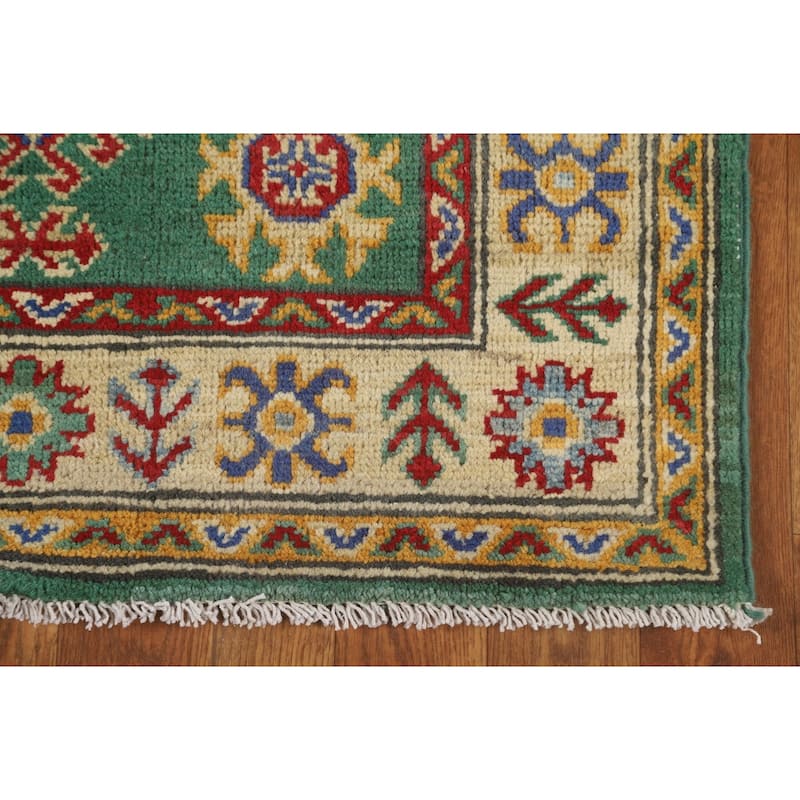 Green Kazak Runner Rug Hand-Knotted Geometric Wool Carpet - 2'7" x 16'2"
