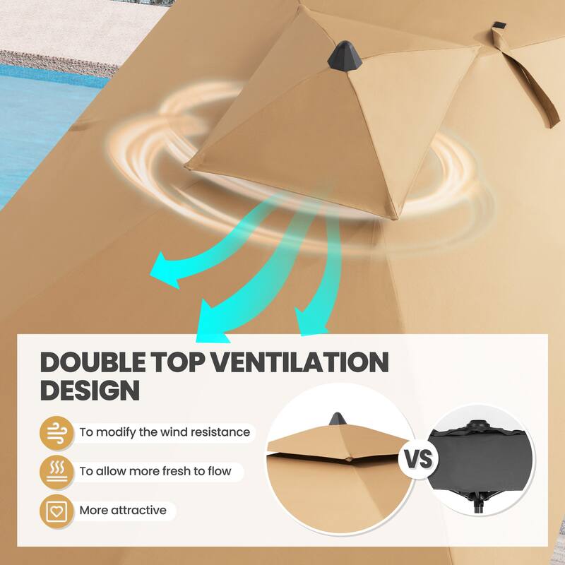 10 x 6.5 FT Double Top Patio Market Umbrella with Weighted Base with Wheels