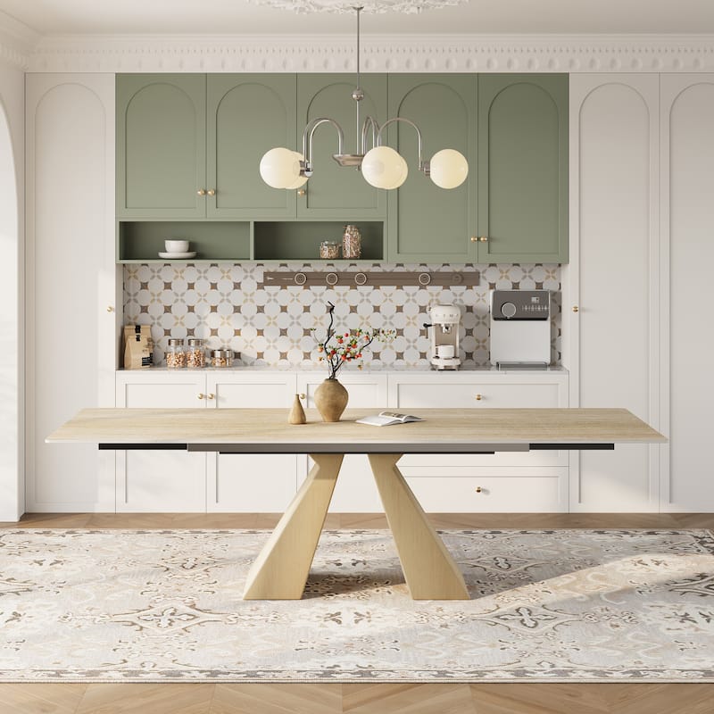 63 - 94" Extendable Modern Sintered Stone Dining Table for 4-10, Table top with Black Carbon Pedestal - Beige