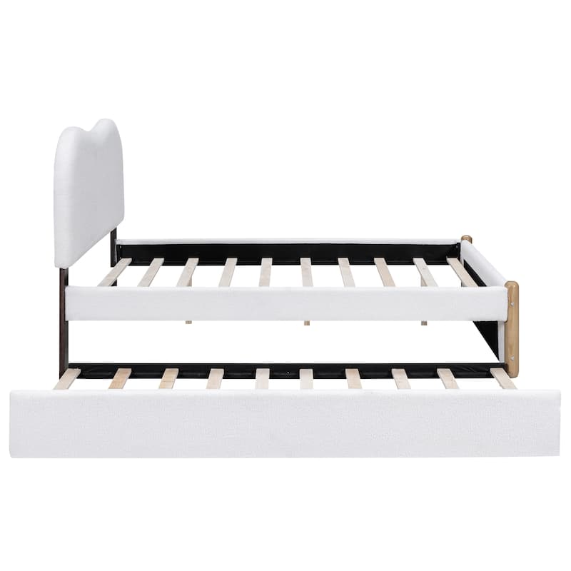 Full Size Upholstered Platform Bed with Wood Supporting Feet and Twin Size Trundle, Gray