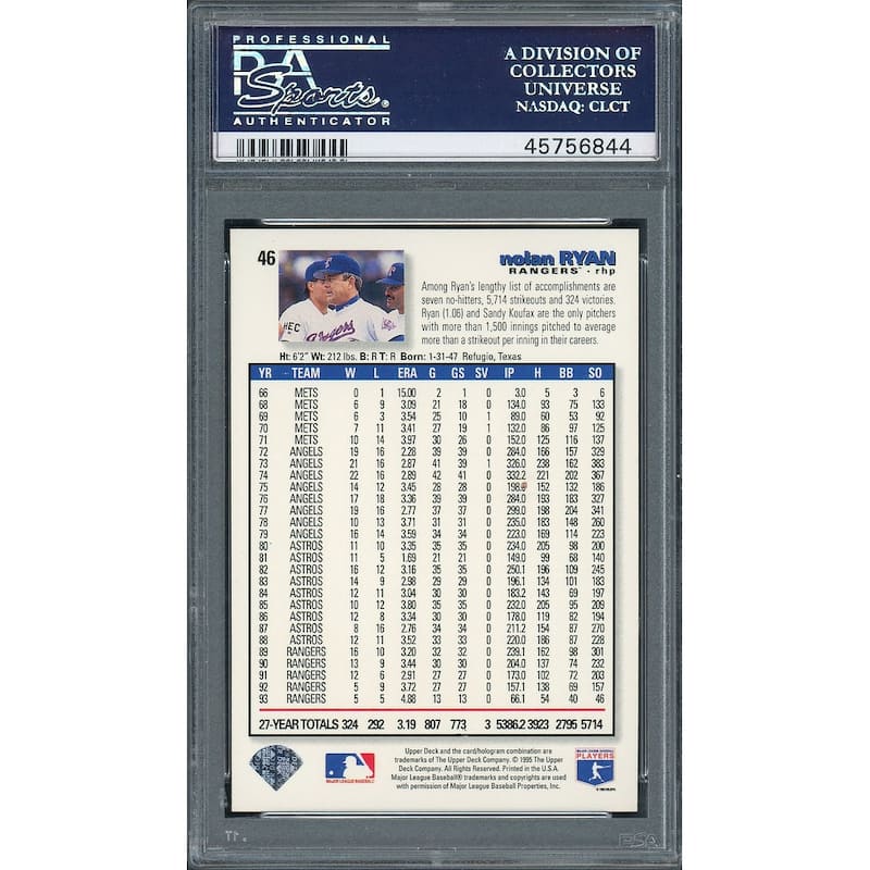 Nolan Ryan 1995 Collectors Choice Upper Deck Baseball Card #46 Graded PSA 10 GEM MINT - 8'6" x 11'6"