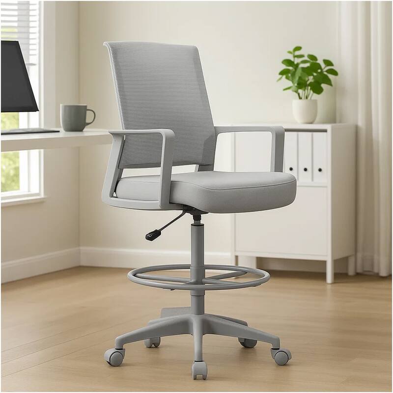 Swivel Drafting Stool, Fixed Arms, Gray Mesh Back, Chrome Footring
