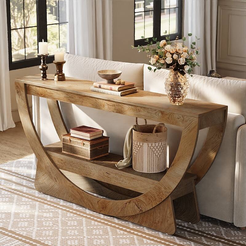 63-Inch Console Table for Entryway , 2-Tier Sofa Table with Storage Shelves & Arched Frame, Farmhouse Style