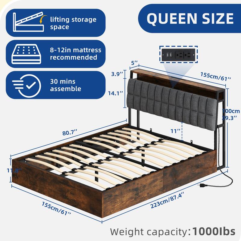 Moasis Lift-Up Storage Bed Frame with Charging Station & Storage Headboard