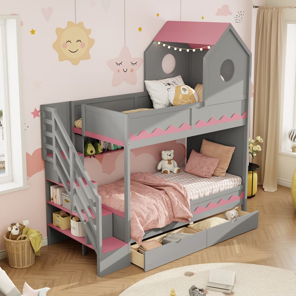 Roomfitters Twin Over Twin House Bunk Bed with Storage Staircase and LED Lighting, Castle Playhouse Sleeper System