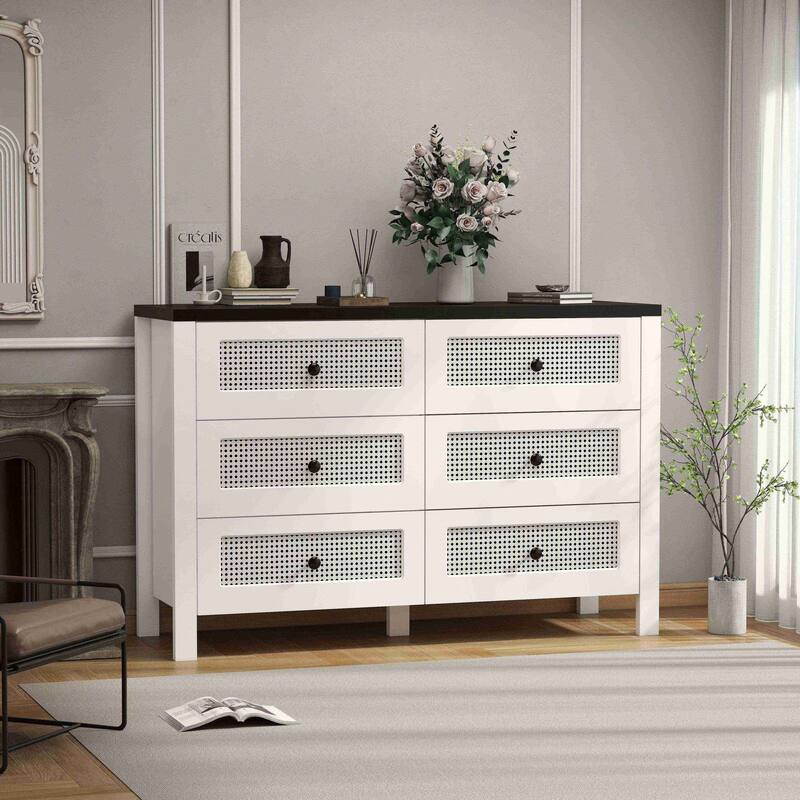 Fluted 6 Drawer Dresser for Bedroom, 47.2 Inch Wide Modern Wooden Chest of Drawers with Metal Handles