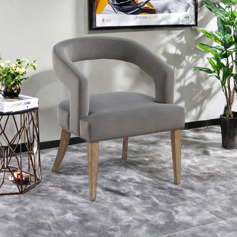 PU Modern Barrel Accent Chair with Wooden Legs, High-Density Sponge Cushion, and Open Back Design - Gray  Velvet